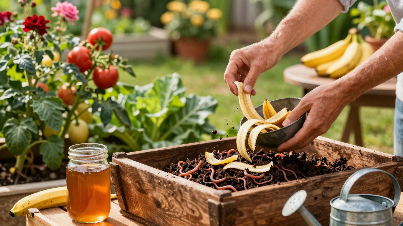 Pessoa a alimentar minhocas com cascas de banana numa caixa de compostagem no jardim.
