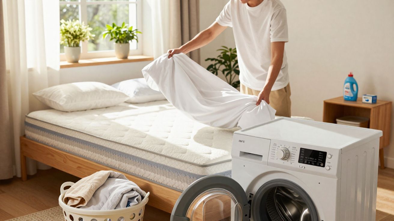 Pessoa a colocar lençol na cama, com máquina de lavar roupa e cesto de roupa no quarto iluminado.