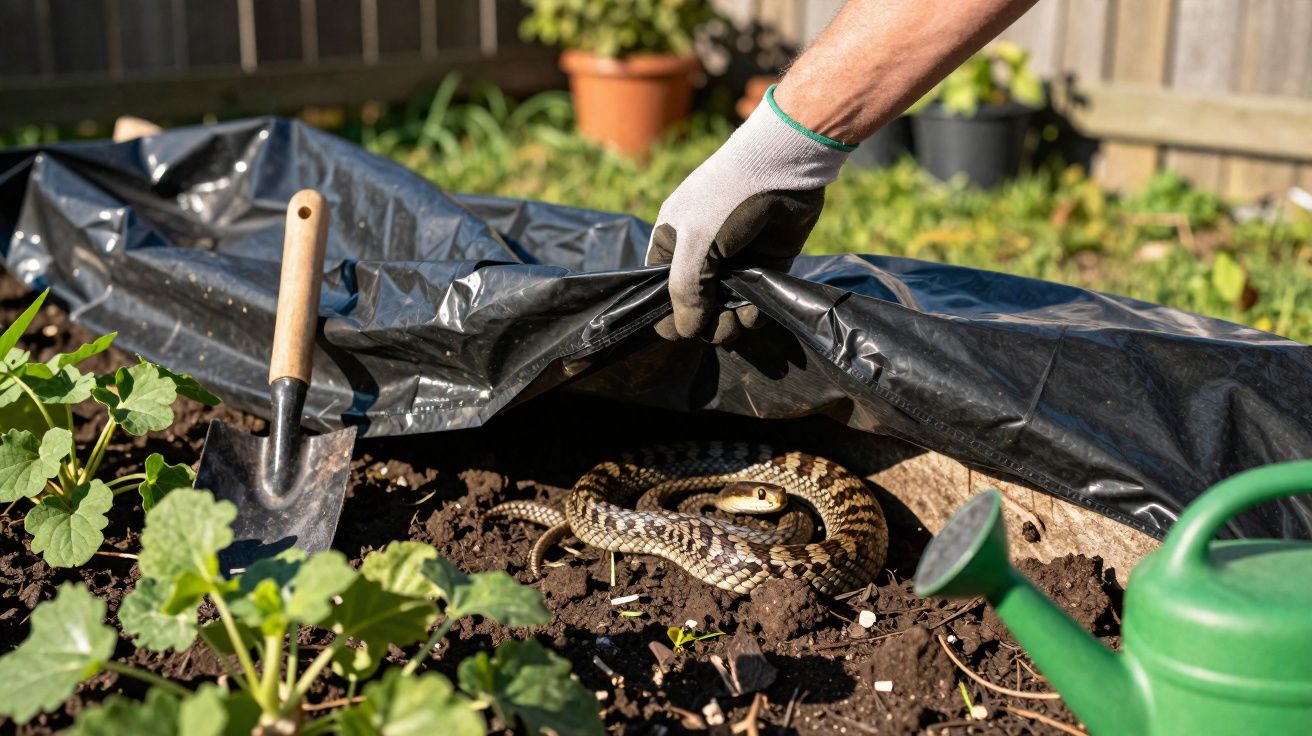 Mão com luva a levantar plástico do chão num jardim, revelando uma cobra enrolada na terra.