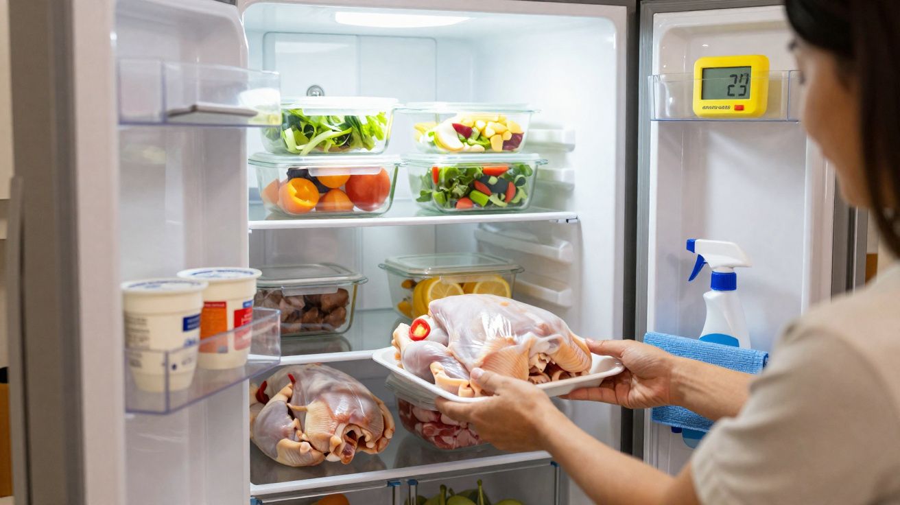 Interior de frigorífico com legumes, iogurtes e aves cruas colocadas por uma pessoa.
