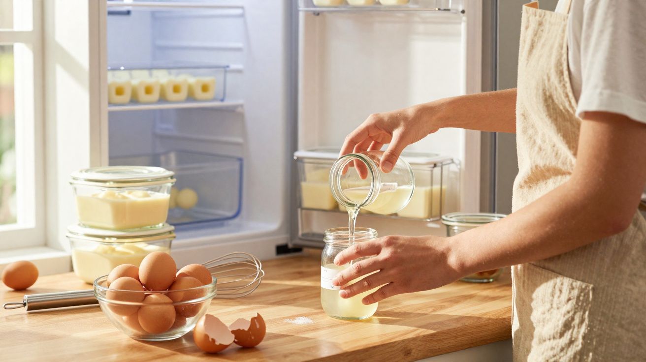 Pessoa a verter líquido numa jarra numa bancada de cozinha com ovos e frigorífico aberto ao fundo.