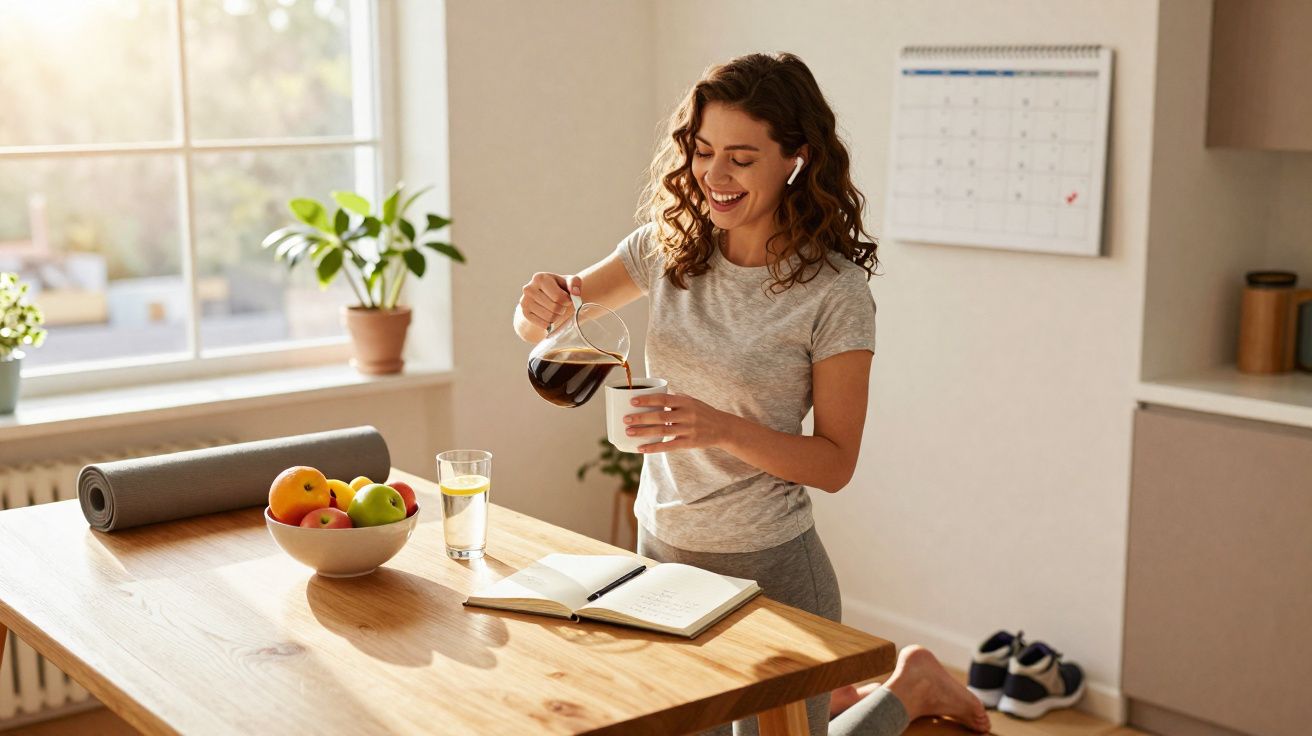 Mulher a preparar café na cozinha, com frutas na mesa, caderno aberto e tapete de yoga enrolado.