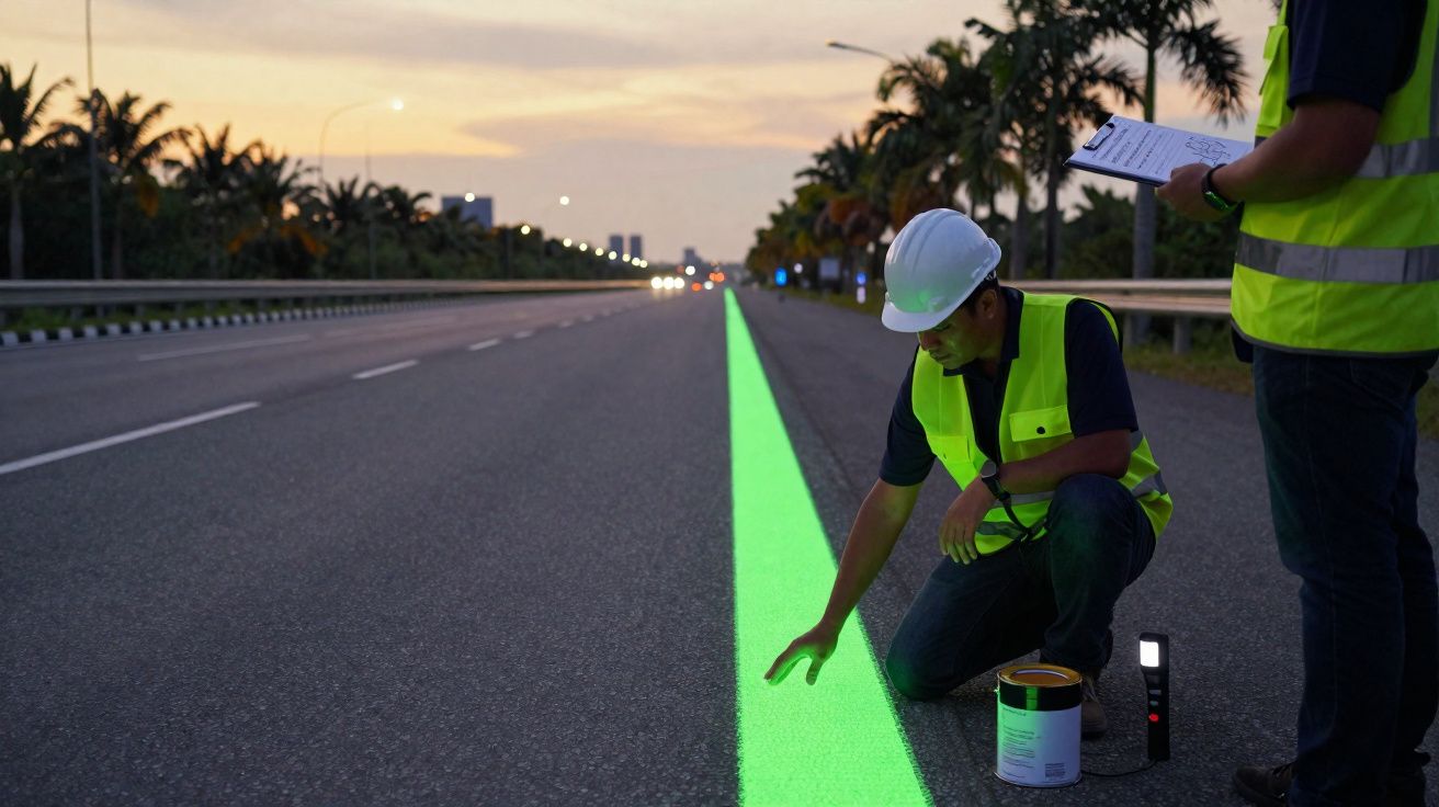 Homem com capacete e colete refletor verifica linha verde luminosa recém pintada numa estrada ao entardecer.