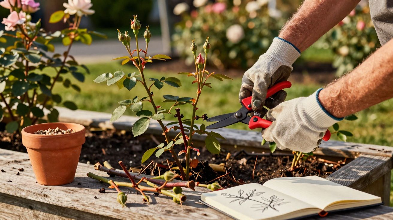 Pessoa a podar uma planta de roseira numa jardineira de madeira com caderno de desenho ao lado.