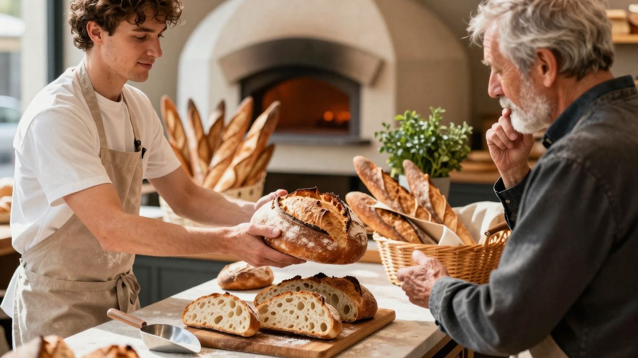 Jovem funcionário de padaria entrega pão a cliente idoso numa loja com variedade de pães ao fundo.