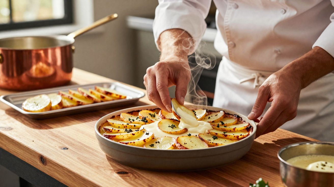 Chef a decorar gratinado de batata em prato redondo num balcão de cozinha profissional.