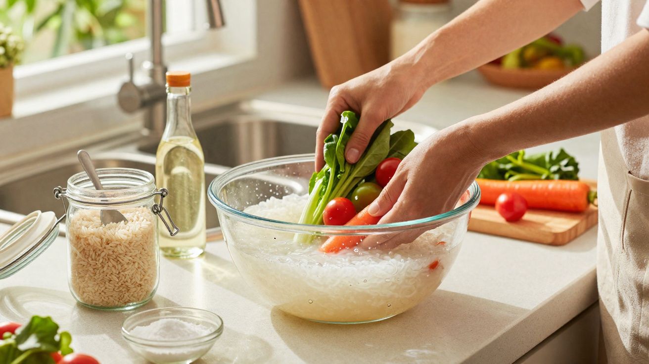 Pessoa a lavar legumes numa tigela transparente com água na cozinha iluminada.