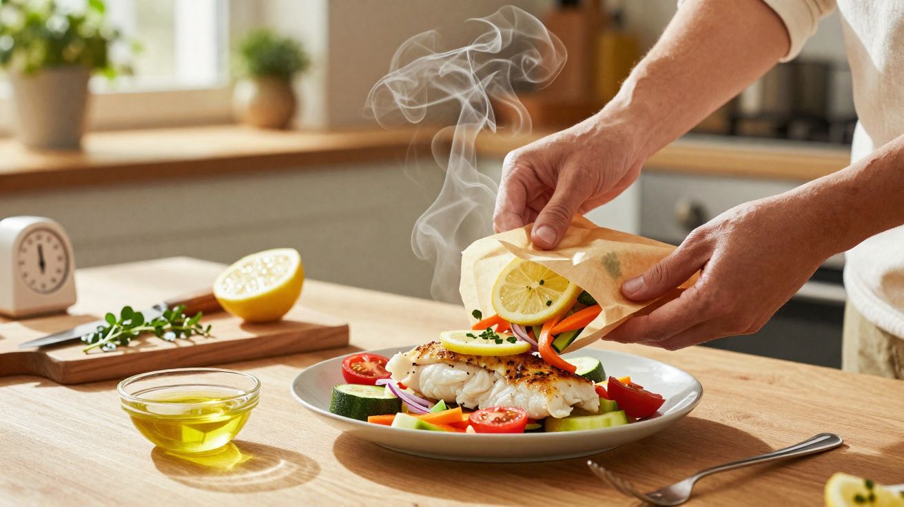 Mãos a servir peixe grelhado com legumes frescos e fatia de limão numa cozinha iluminada.