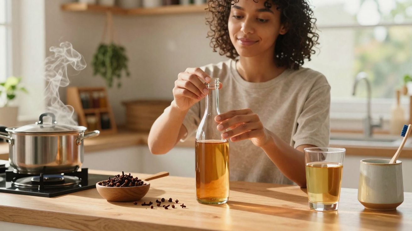 Mulher a abrir garrafa de chá na cozinha, com panela a ferver e cravinho num recipiente.