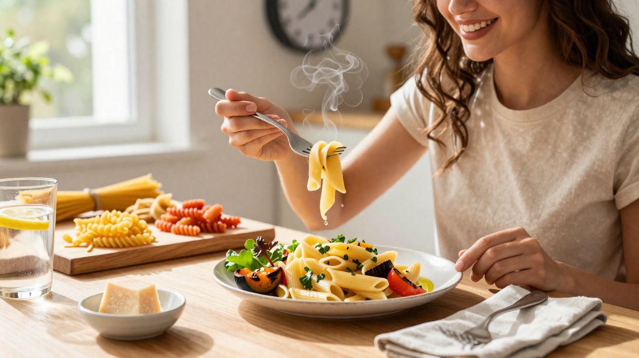 Mulher sorridente comendo massa quente temperada com legumes numa mesa de madeira iluminada pela luz natural.