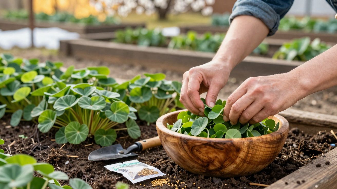 Mãos a colher folhas verdes frescas num jardim com terra solta, vazo de madeira e sementes espalhadas.