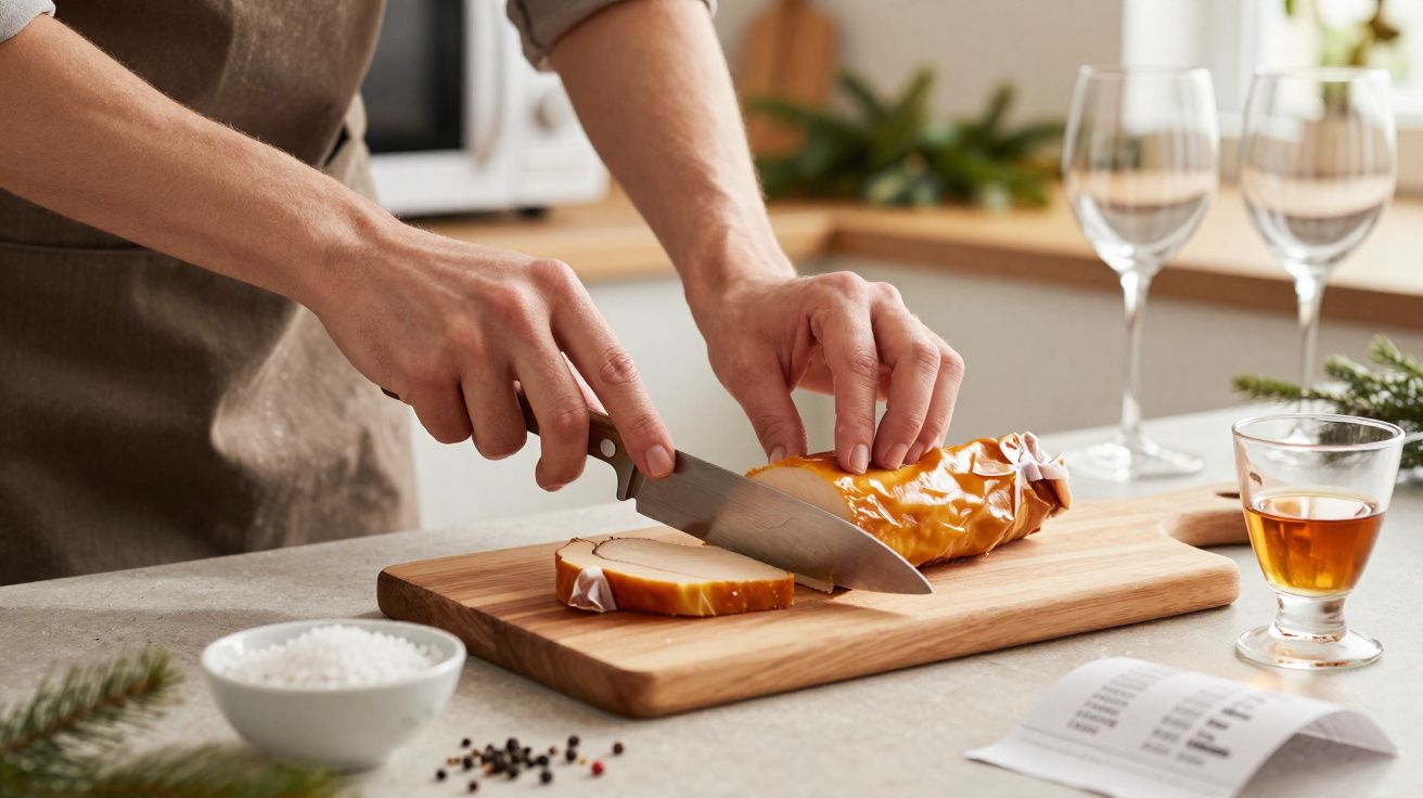 Pessoa a cortar fiambre fumado numa tábua de madeira numa cozinha com copos e especiarias.