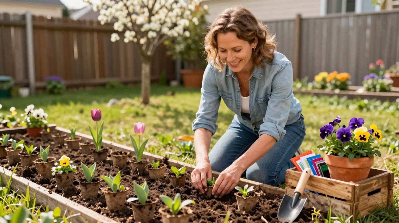 Mulher sorridente a plantar flores num canteiro de jardim com flores coloridas em vaso.