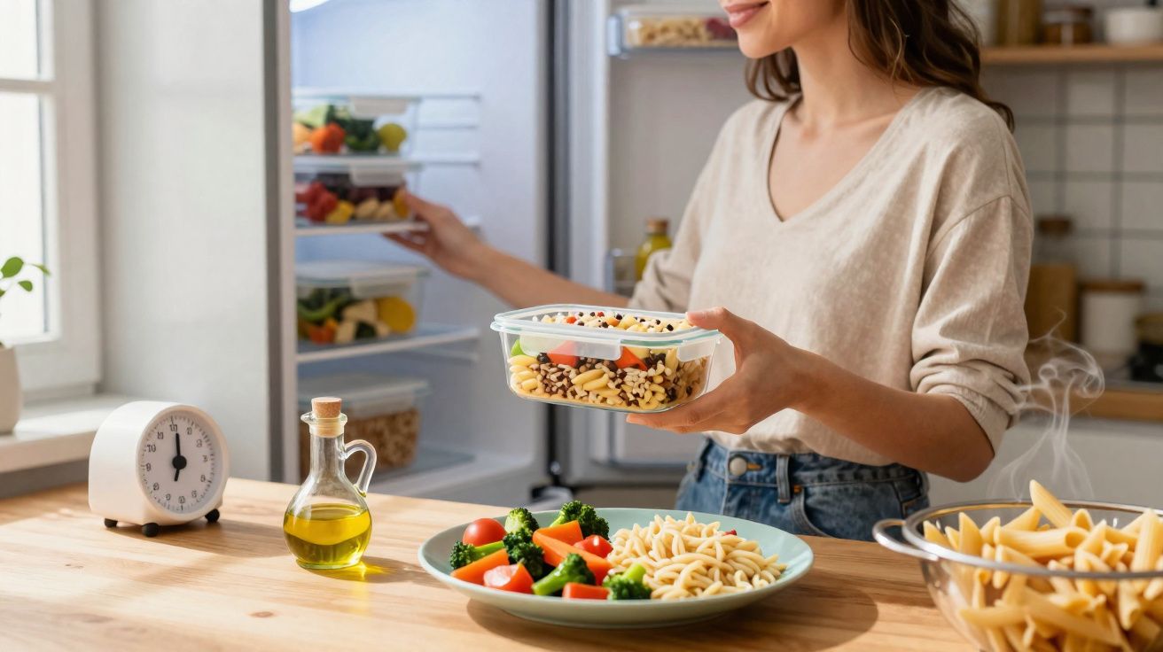Mulher a colocar comida numa caixa plástica, ao lado de prato com legumes e massa numa cozinha moderna.