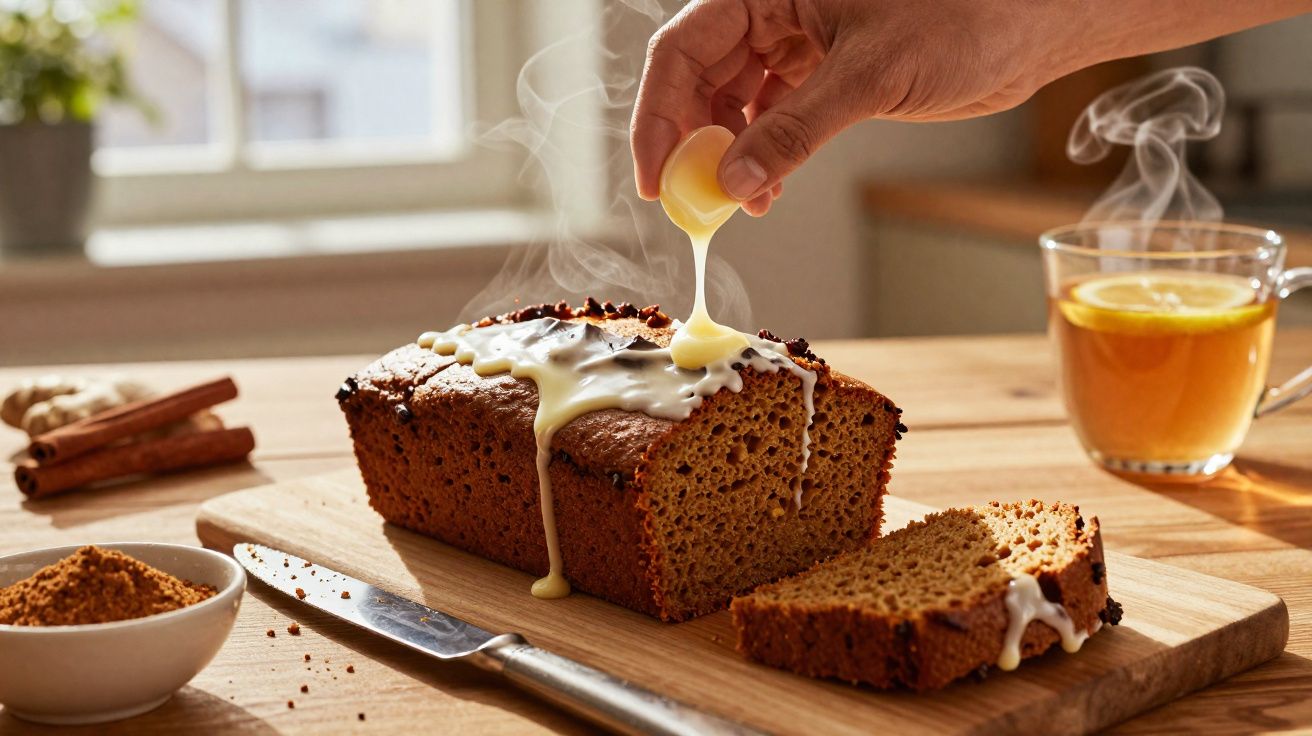 Pão de especiarias com cobertura a ser vertida, chá de limão quente e pauzinhos de canela numa mesa de madeira.