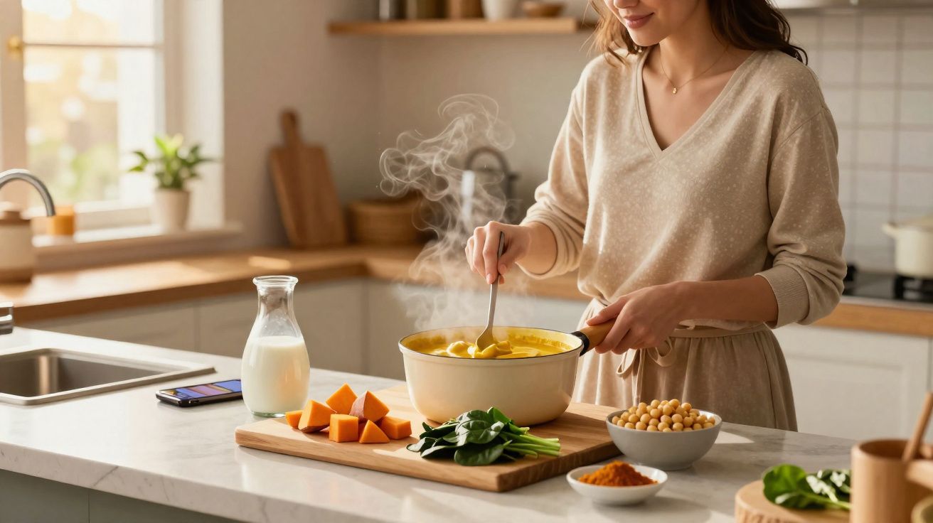Mulher a cozinhar sopa quente numa panela, com legumes frescos e leite numa bancada de cozinha.
