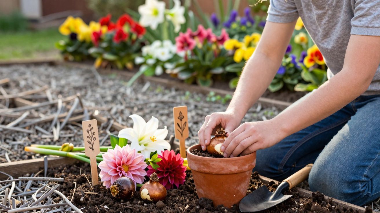 Pessoa a plantar um bolbo de flor num vaso de barro numa horta, com flores coloridas ao fundo.