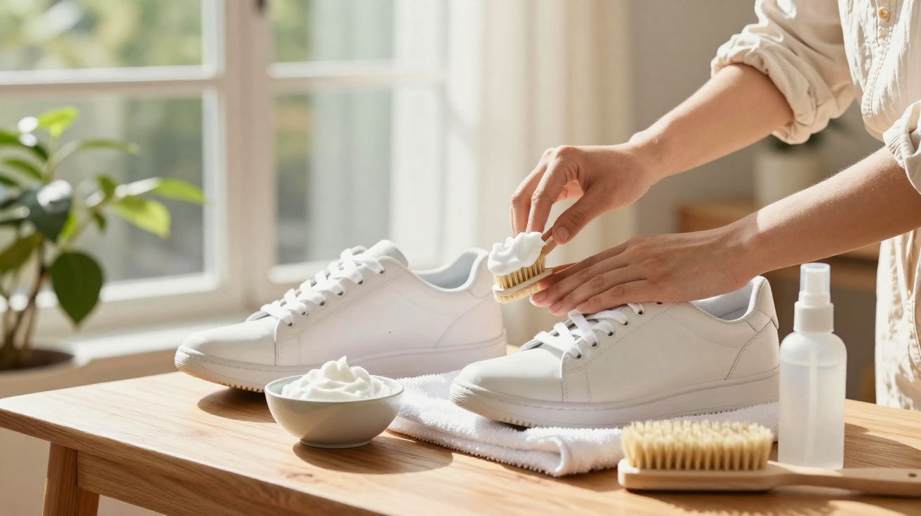 Pessoa a limpar ténis brancos com escova e creme num ambiente iluminado e arejado.
