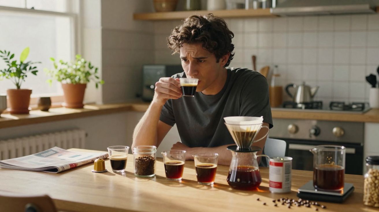 Homem a provar café em vários copos numa cozinha com utensílios e plantas ao fundo.