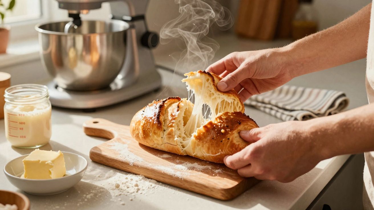 Pão recheado a puxar queijo quente fumegante numa tábua de madeira numa cozinha iluminada.