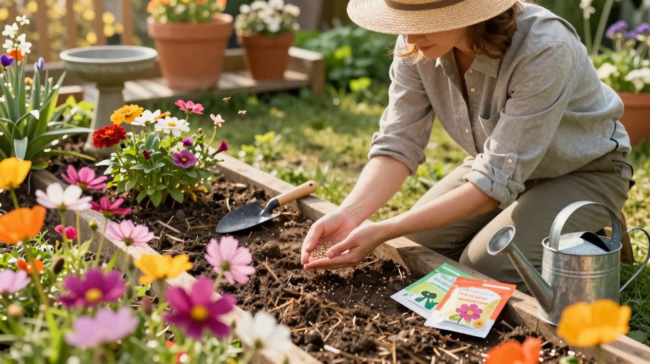Mulher a semear flores num canteiro de jardim, rodeada de flores coloridas e utensílios de jardinagem.