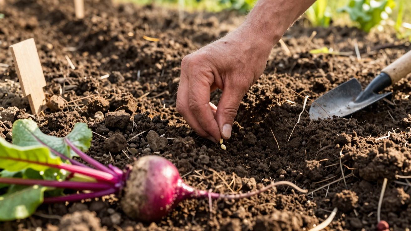 Mão a plantar uma semente no solo de uma horta com uma beterraba e uma pequena pá ao lado.
