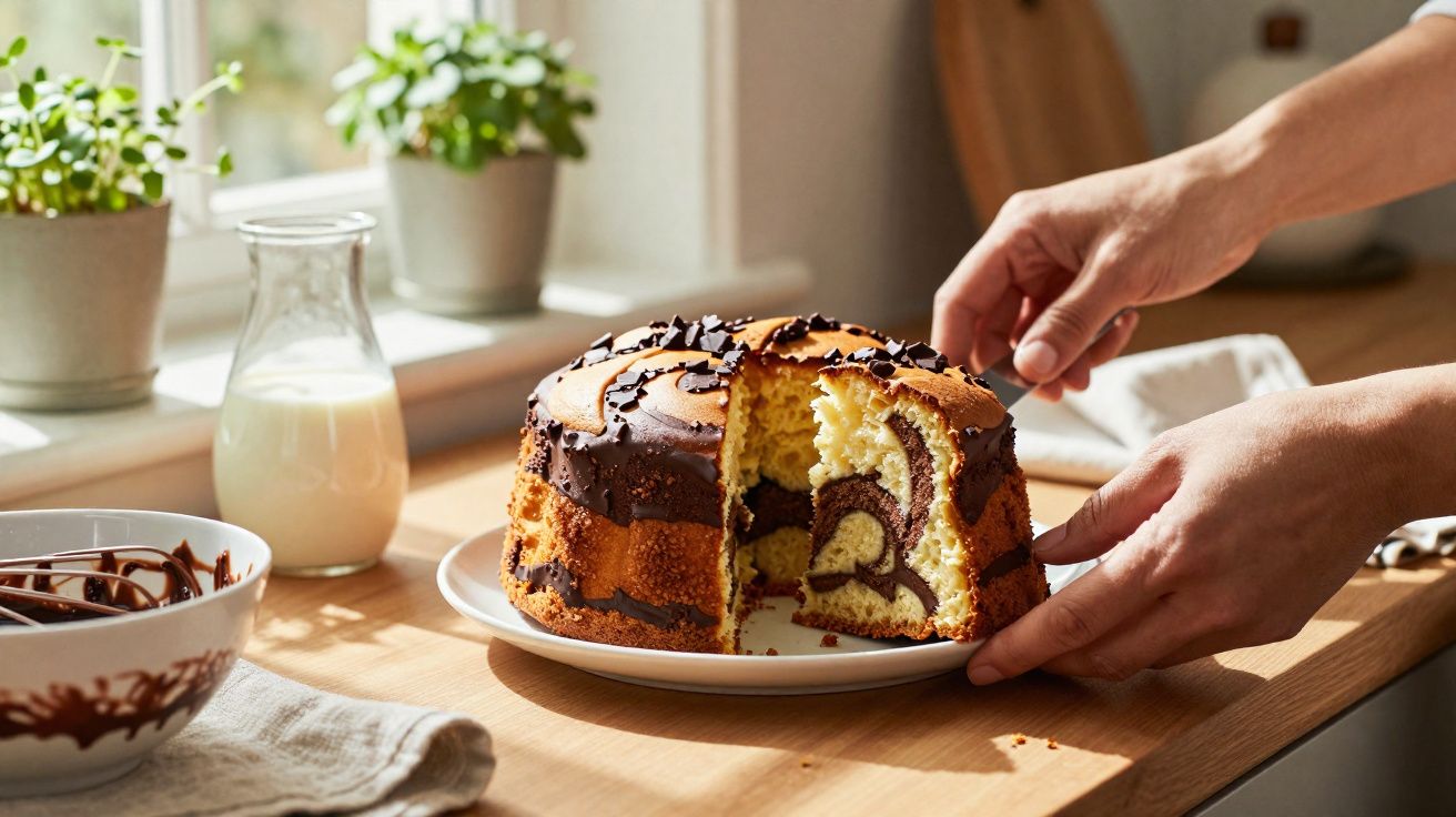 Bolo marmore de chocolate no prato, mãos a servir, com jarra de leite e plantas ao fundo na cozinha.