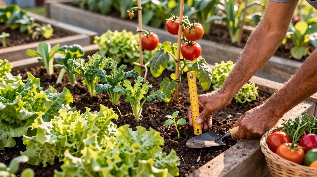 Mãos a plantar uma muda numa horta com alfaces, tomates e outros legumes em canteiros de madeira.