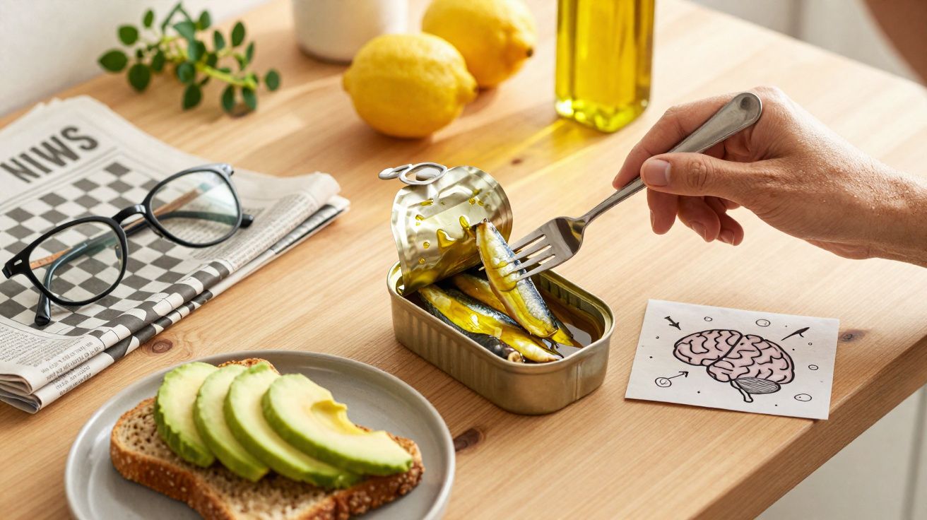 Pessoa a pegar sardinha em lata com garfo, ao lado de pão com abacate, limões e jornal numa mesa de madeira.