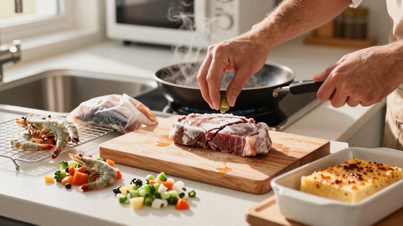 Pessoa tempera bife numa cozinha com legumes, camarões e forno com prato gratinado.