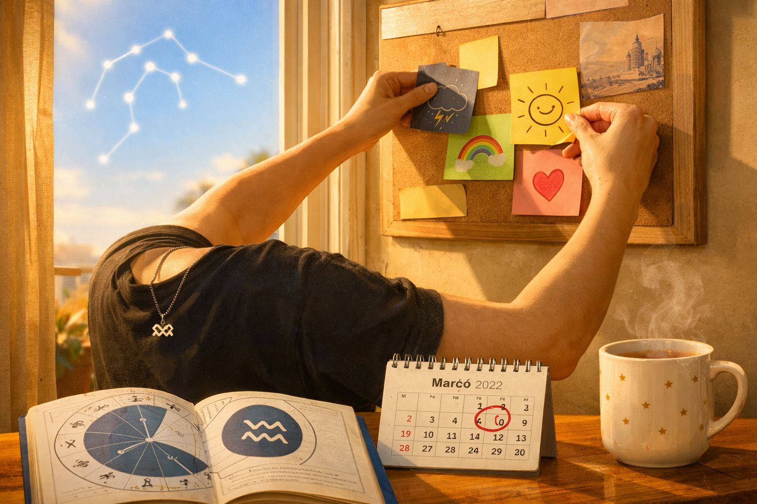 Pessoa a colar notas coloridas com desenhos de tempo num quadro, com livro de astrologia, calendário e chá quente na mesa.