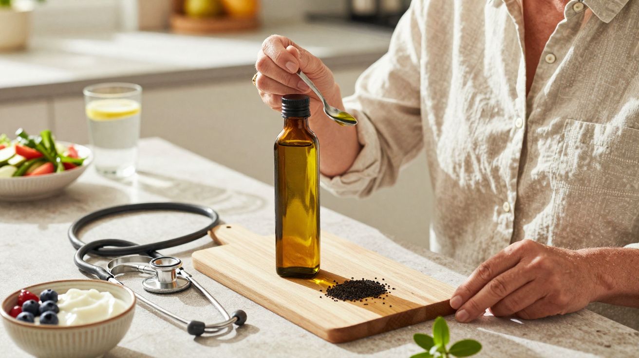 Pessoa derramando óleo de semente preta sobre tábua de madeira com estetoscópio ao lado.