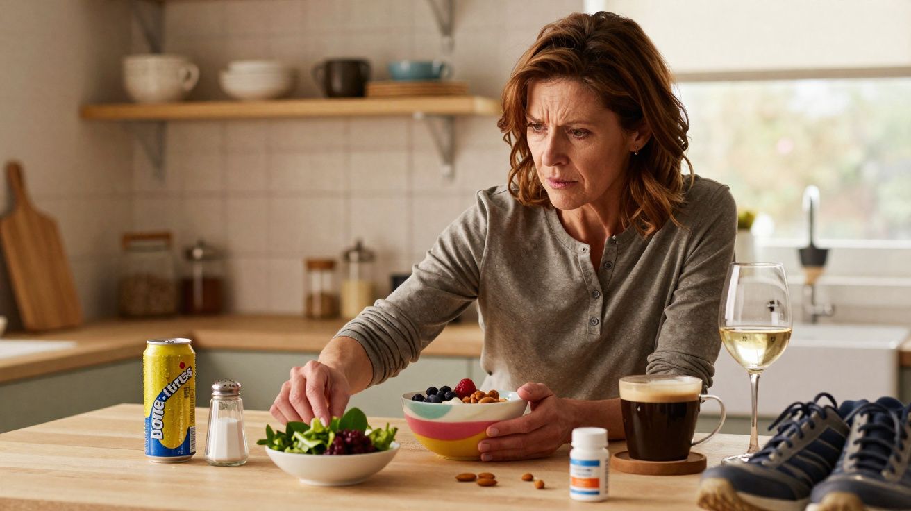 Mulher sentada à mesa com alimentos, suplementos e bebidas numa cozinha bem iluminada.