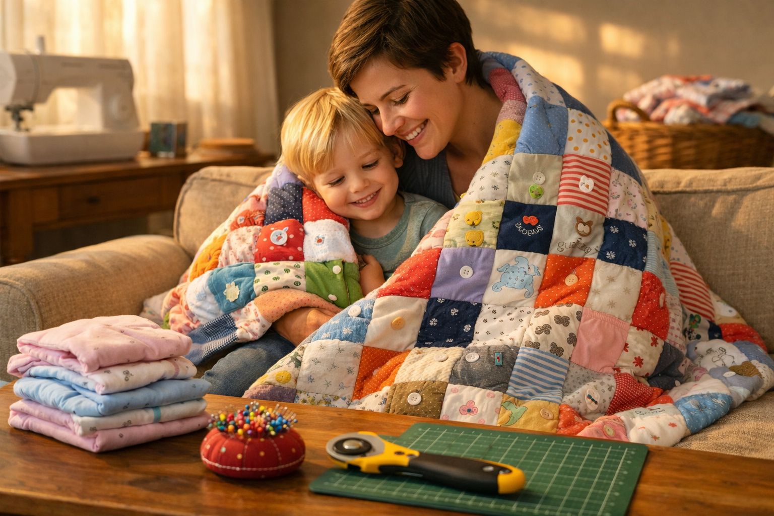 Mãe e filho sorrindo juntos, aconchegados sob uma colcha colorida de retalhos no sofá.