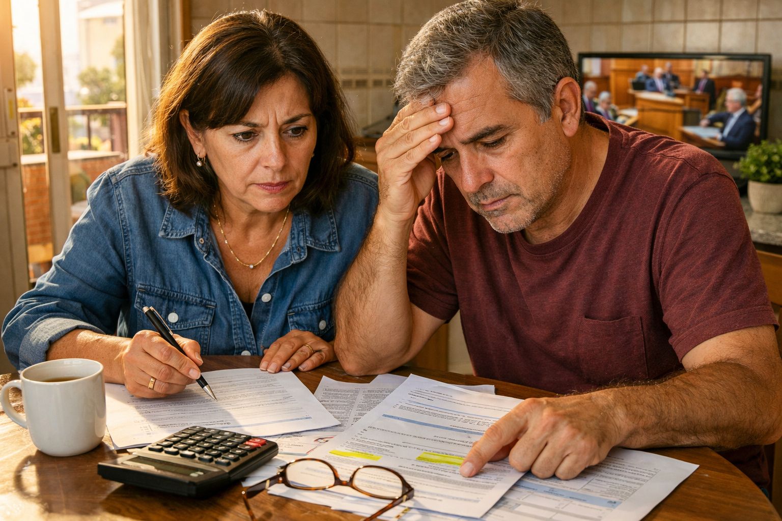 Casal adulto preocupado analisa documentos financeiros numa mesa com calculadora e café.