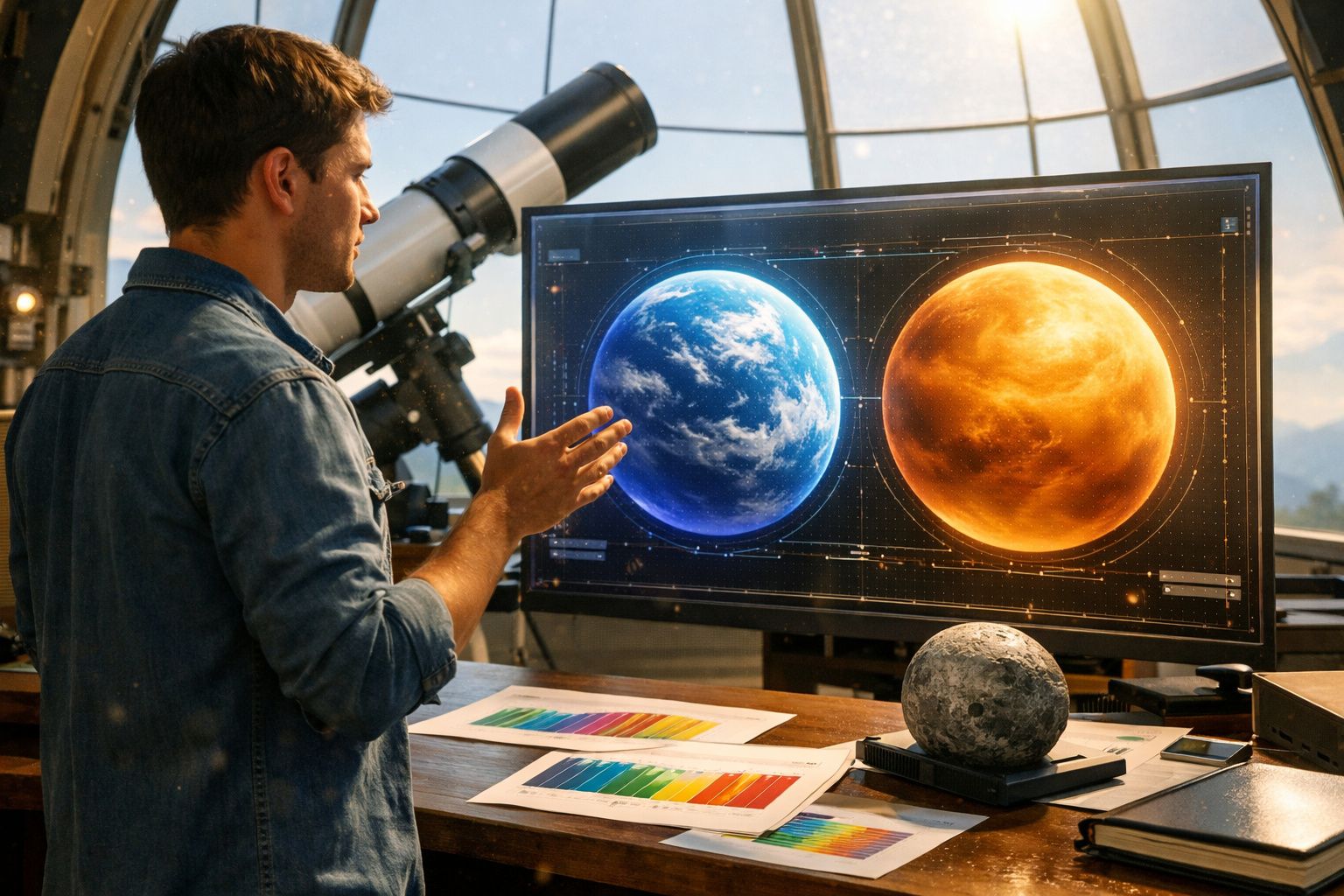 Homem observa e analisa imagens digitais de planetas na tela, com telescópio ao fundo num observatório.