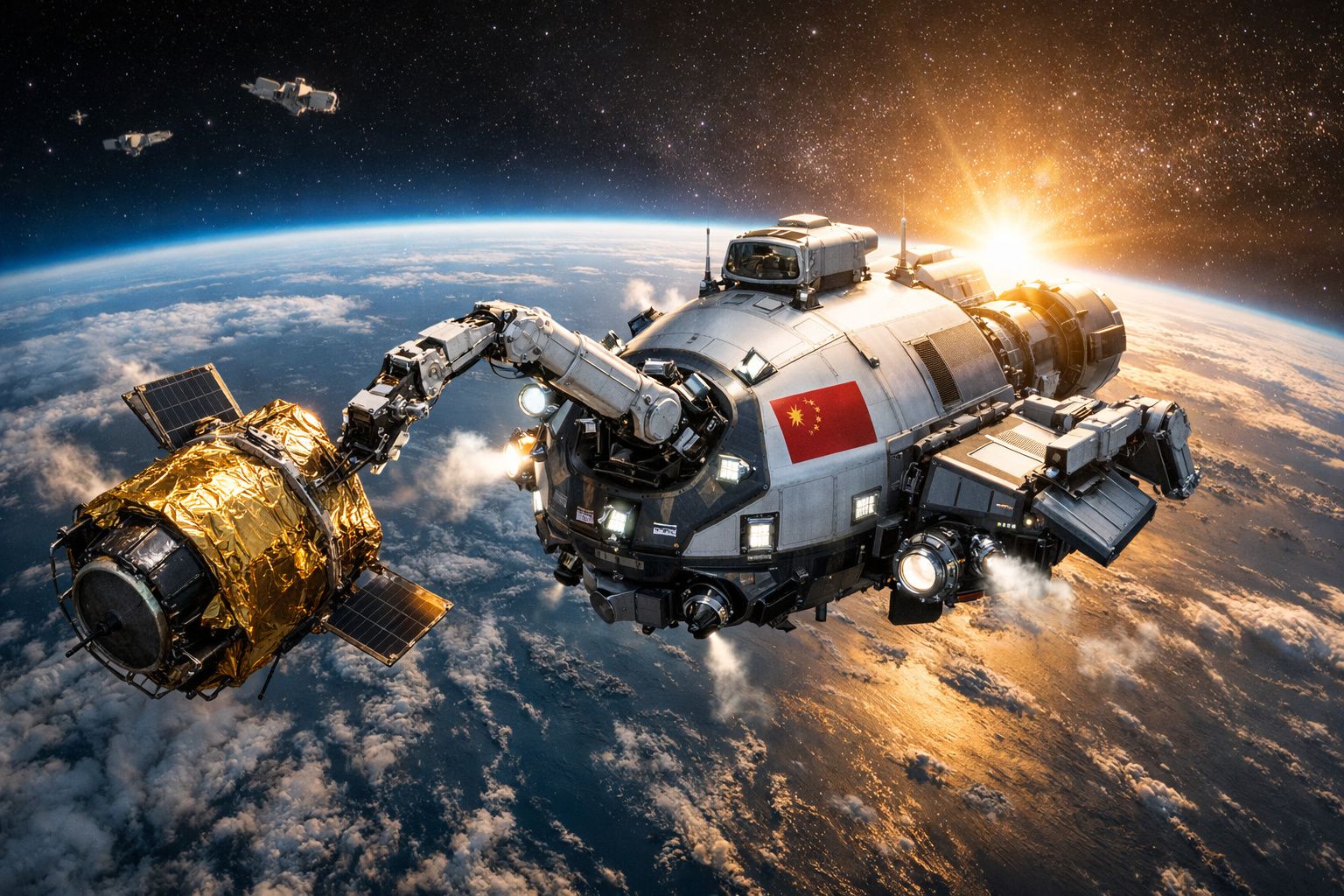 Estação espacial chinesa em órbita terrestre com braço robótico a capturar satélite dourado.