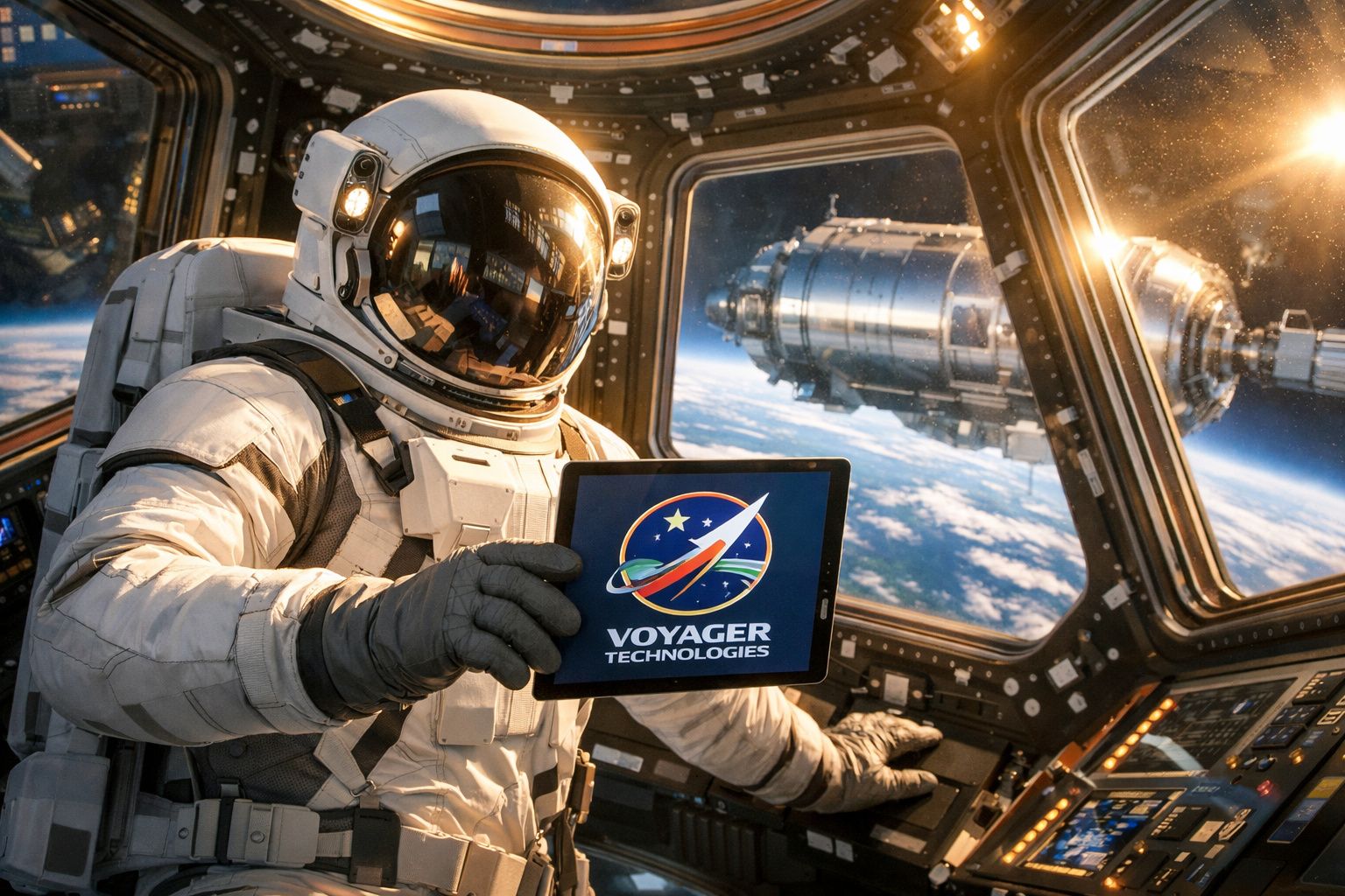 Astronauta dentro de nave espacial segurando tablet com logótipo Voyager Technologies, espaço e estação espacial visíveis.