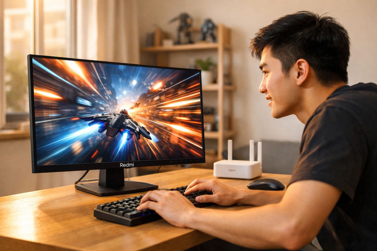 Jovem a jogar videojogo de nave espacial num computador com monitor Redmi numa mesa de madeira.