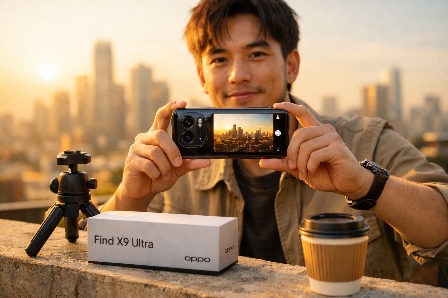 Homem mostra smartphone OPPO Find X9 Ultra com paisagem urbana ao pôr do sol ao fundo.