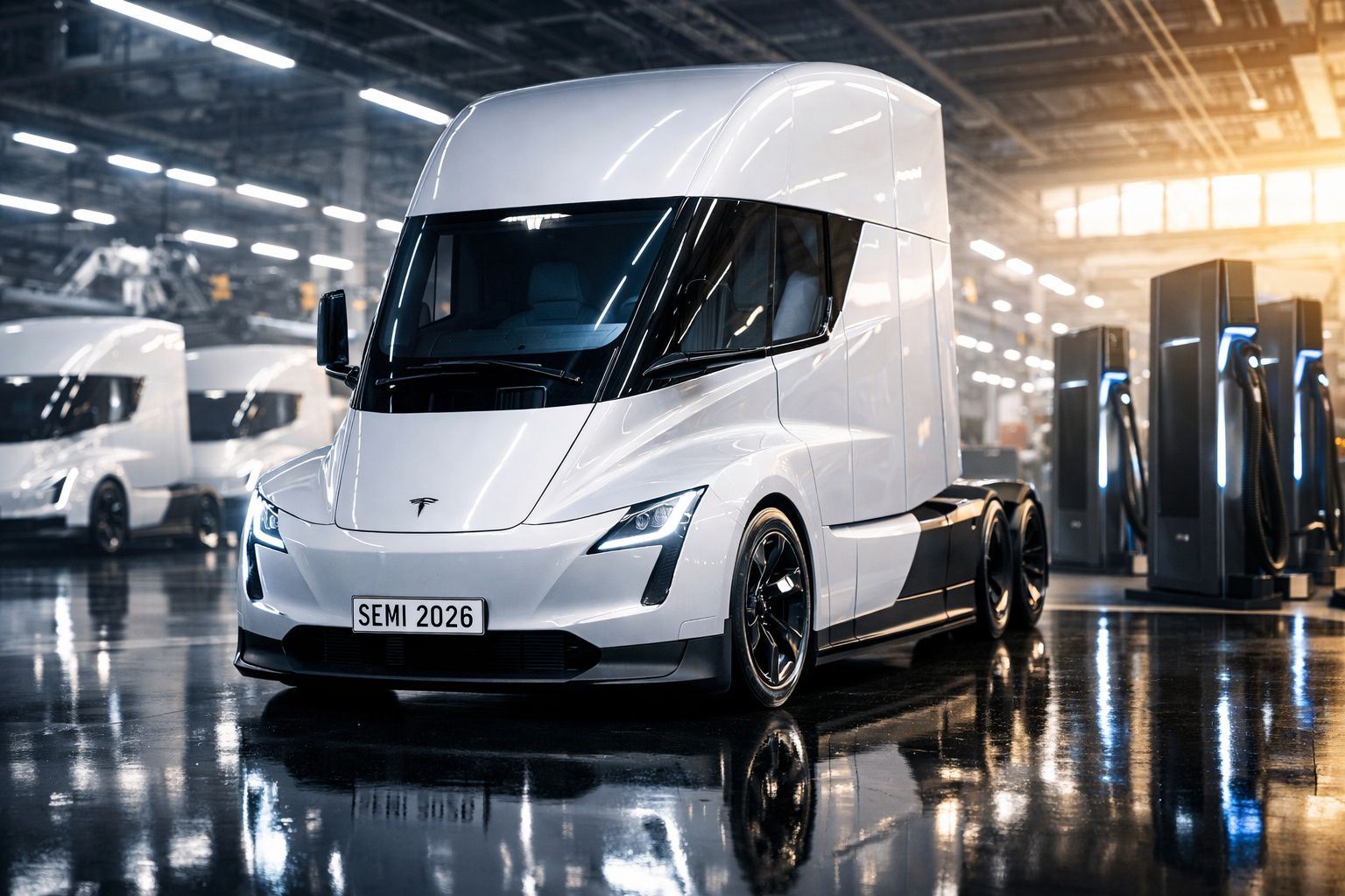 Camião elétrico branco futurista estacionado numa garagem com refletos no chão molhado.