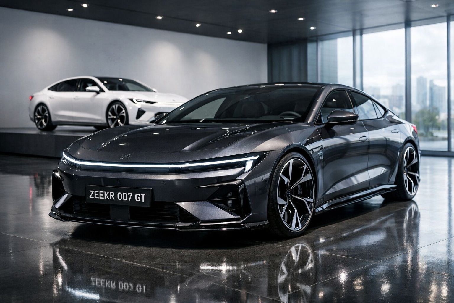 Automóvel eléctrico Zeekr 007 GT cinzento escuro em exposição numa sala moderna com chão brilhante.