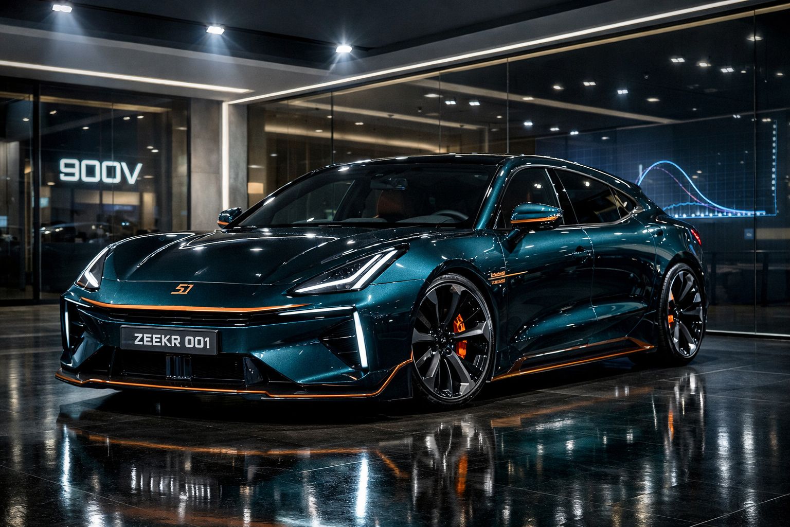 Carro elétrico desportivo Zeekr 001 azul metálico brilhante estacionado em zona urbana noturna.