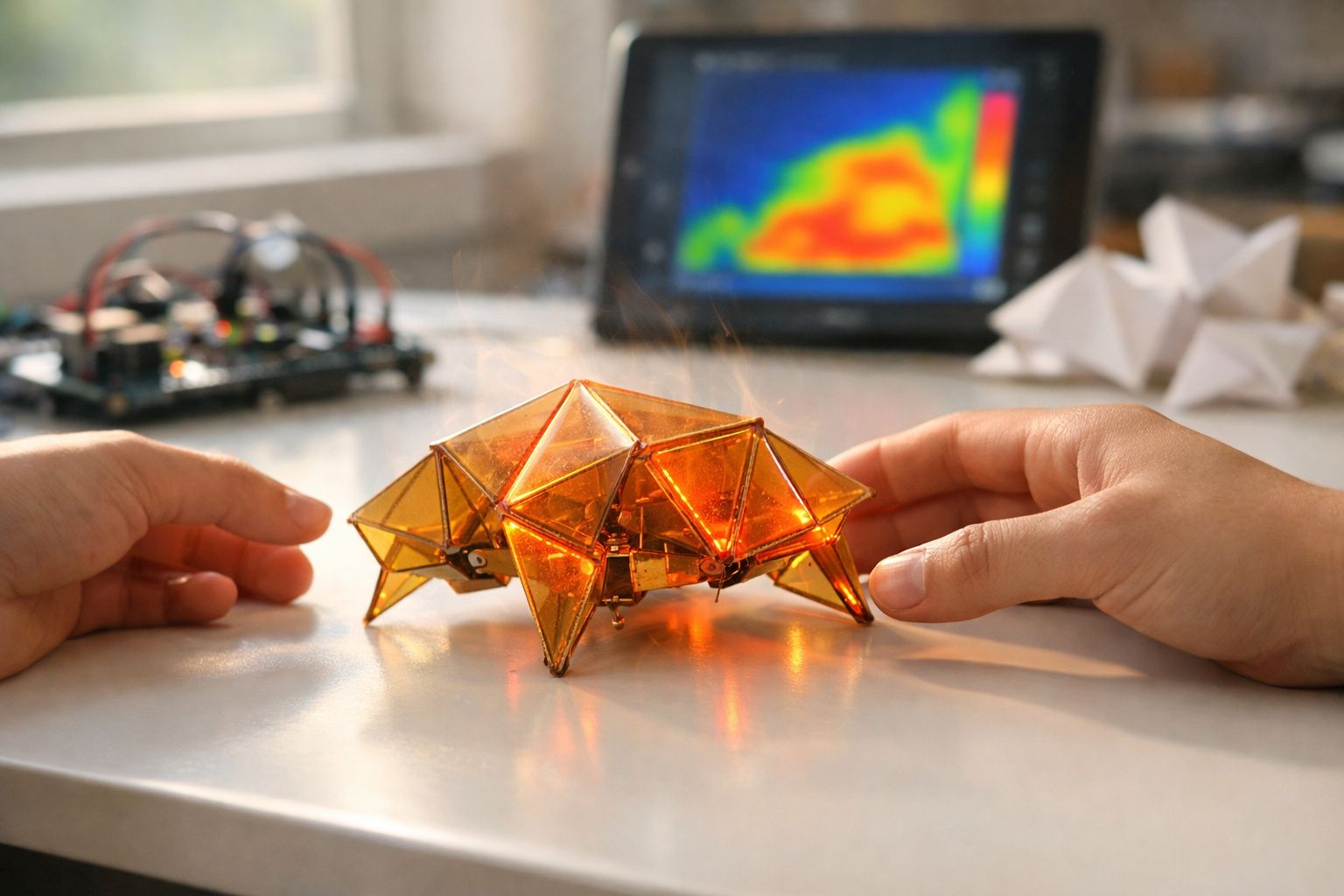 Mãos seguram pequeno robô hexápode com estrutura triangular amarela numa mesa com equipamento eletrônico ao fundo.