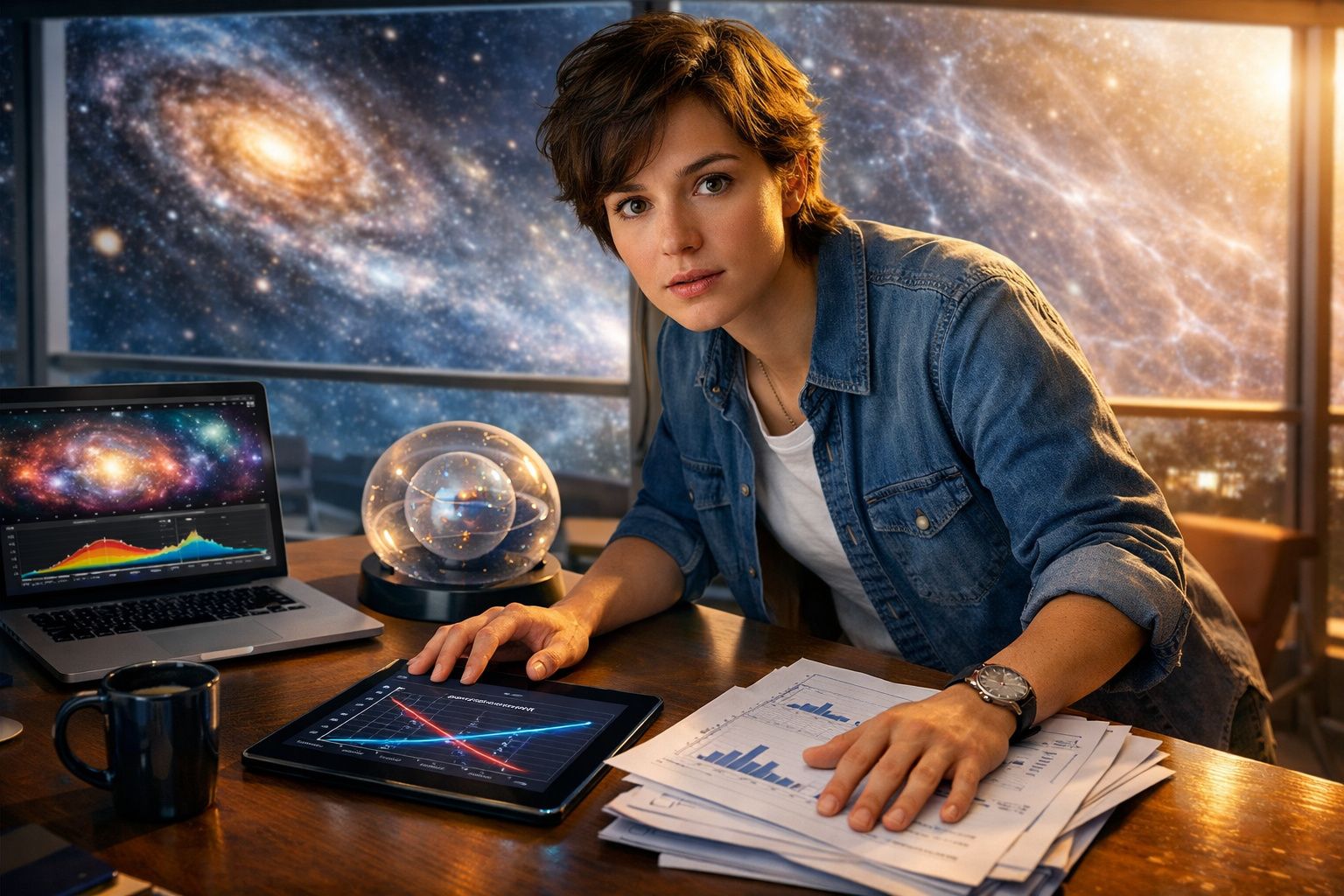 Mulher a analisar gráficos e dados astronómicos em tablet e computador, com galáxia visível na janela.