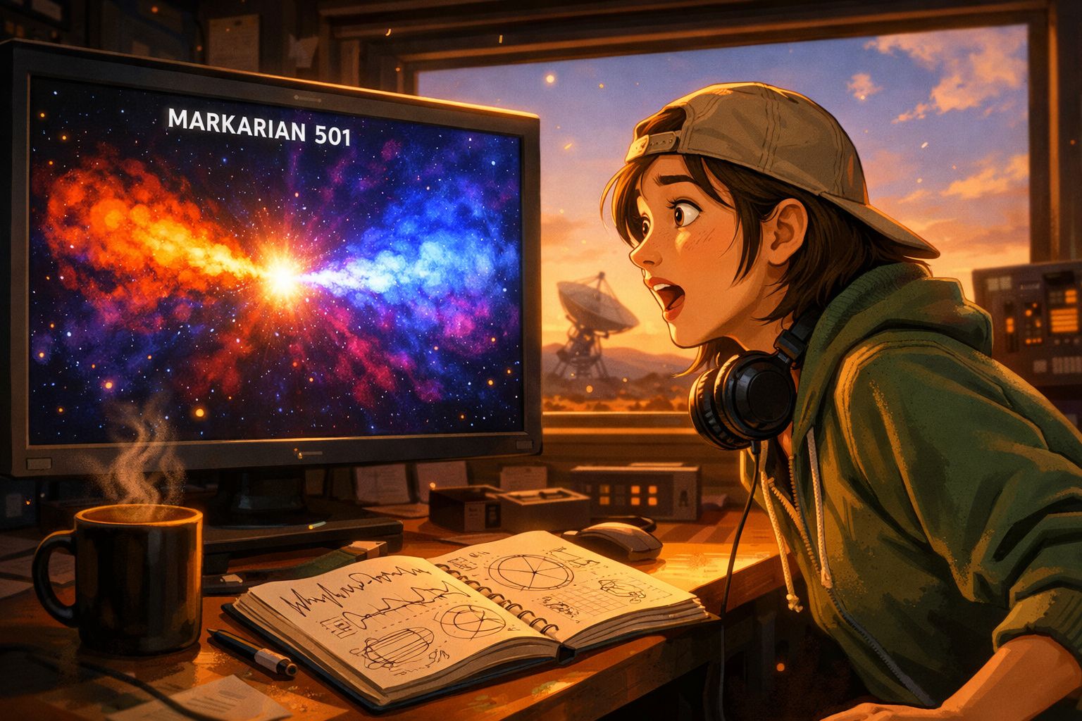 Rapaz com boné e auscultadores vê espantado fenómeno espacial na tela, com anotações e chá na secretária ao pôr do sol.