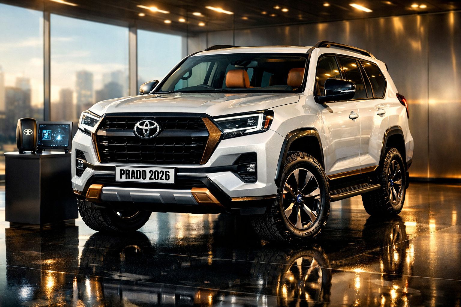 SUV branco Toyota Prado 2026 em exposição com interiores castanhos e detalhes em preto e dourado.