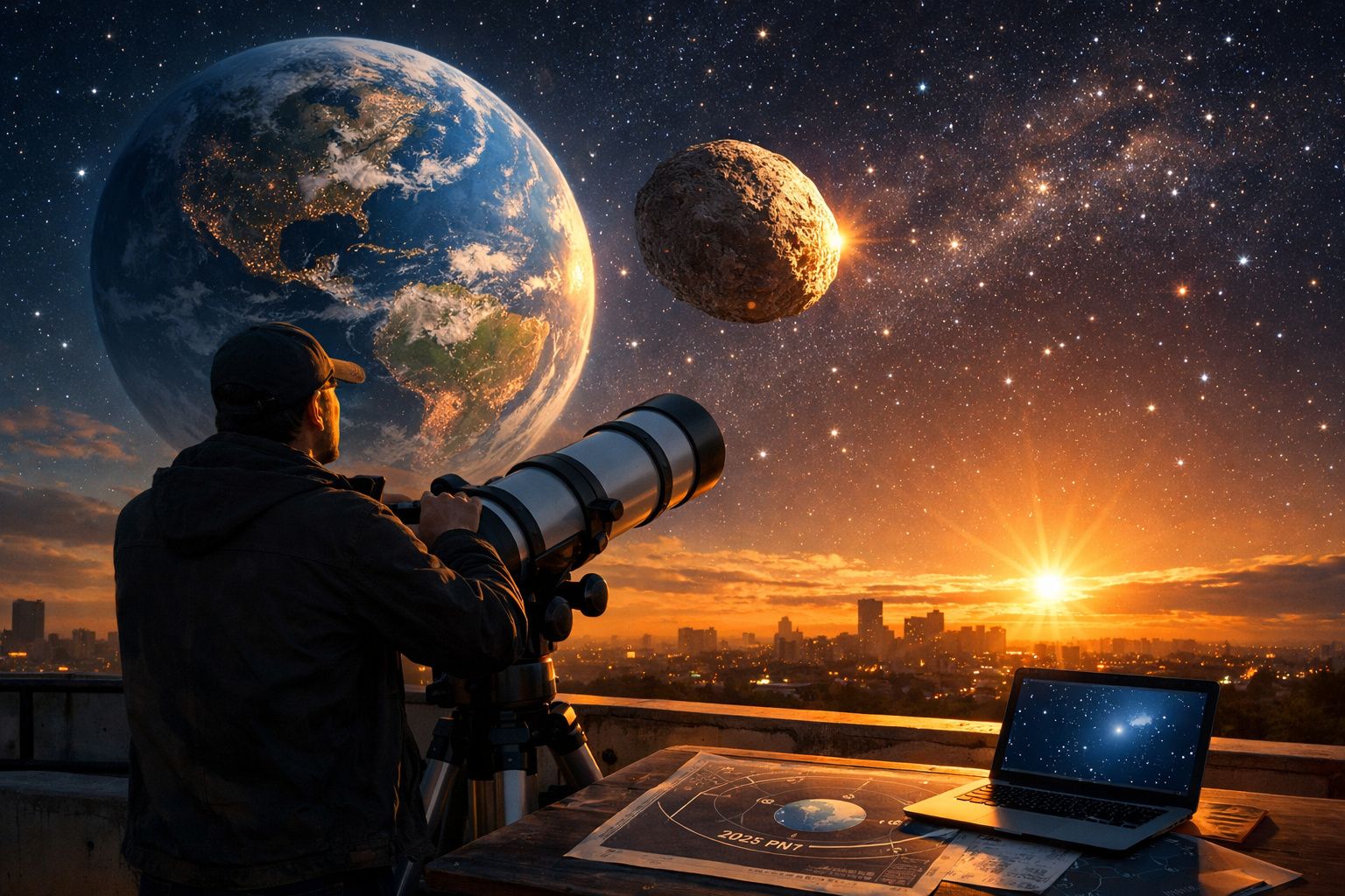 Homem observa o céu ao pôr do sol com telescópio enquanto um asteroide se aproxima da Terra.