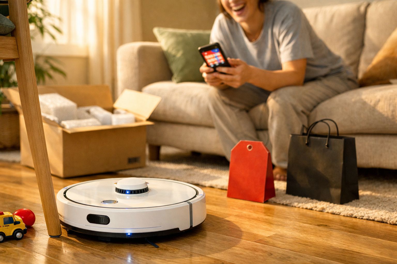 Aspirador robot a limpar chão de madeira enquanto pessoa controla pelo telemóvel sentada no sofá.