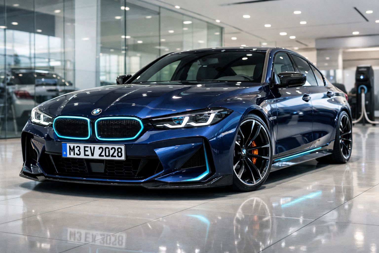 Automóvel BMW M3 elétrico azul escuro estacionado em showroom moderno com luzes refletidas no chão.